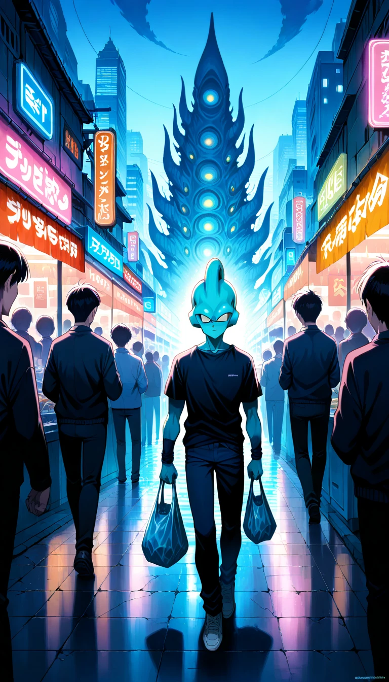 Anime wallpaper for prompt: Goku walking through a vibrant alien market under neon lights.