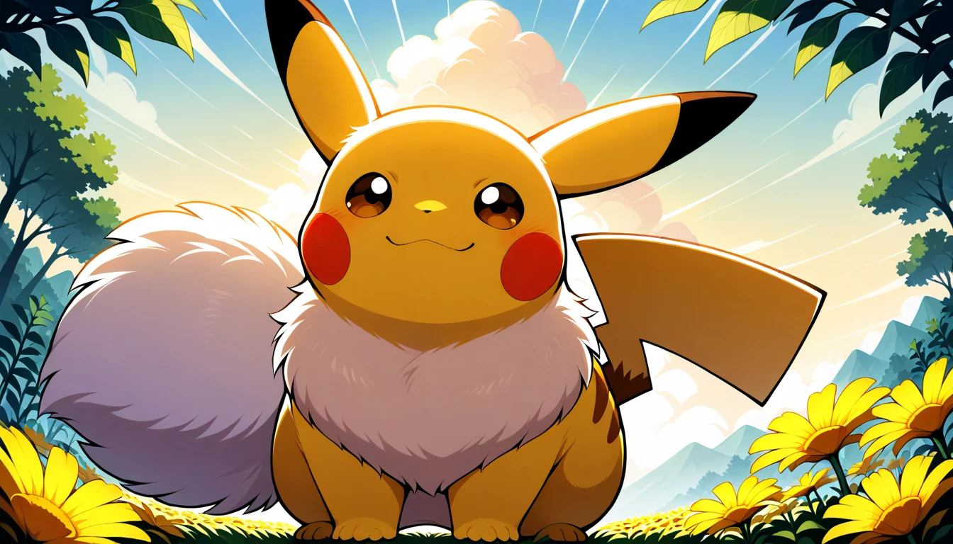 Anime wallpaper for prompt: Pikachu in a grassy meadow, sunlight breaking through clouds confidently.