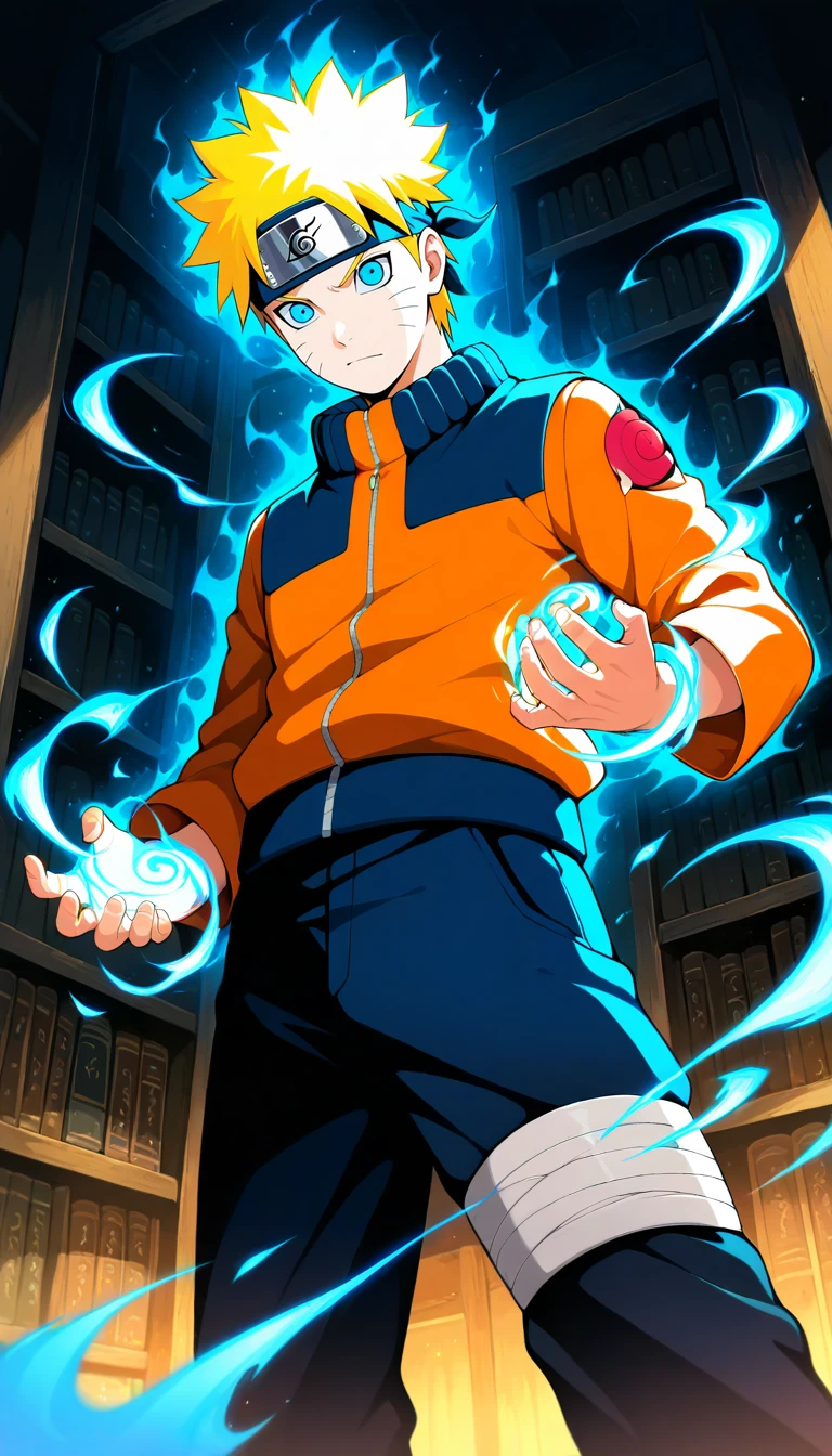 Anime wallpaper for prompt: Naruto in an ancient library, glowing scrolls levitating around him.