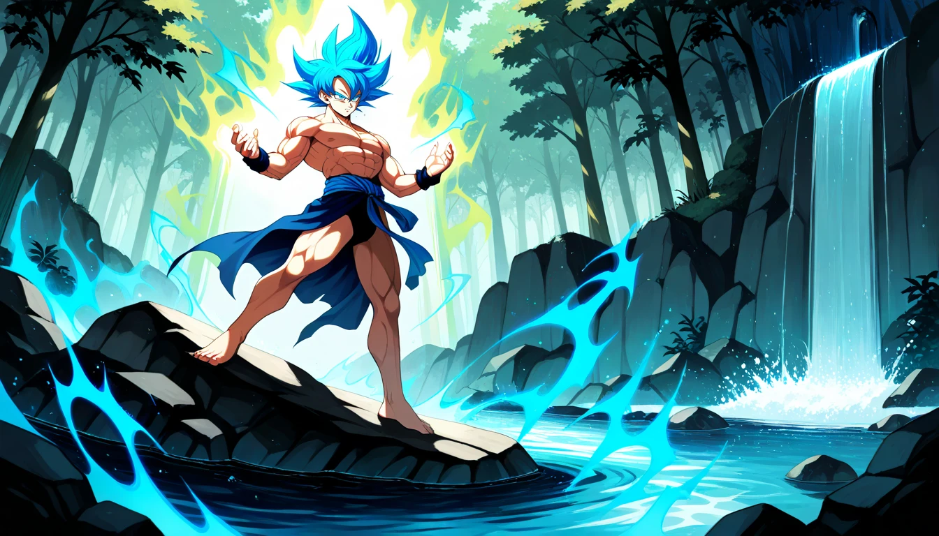 Anime wallpaper for prompt: Goku training under a cascading waterfall, energy glowing faintly.