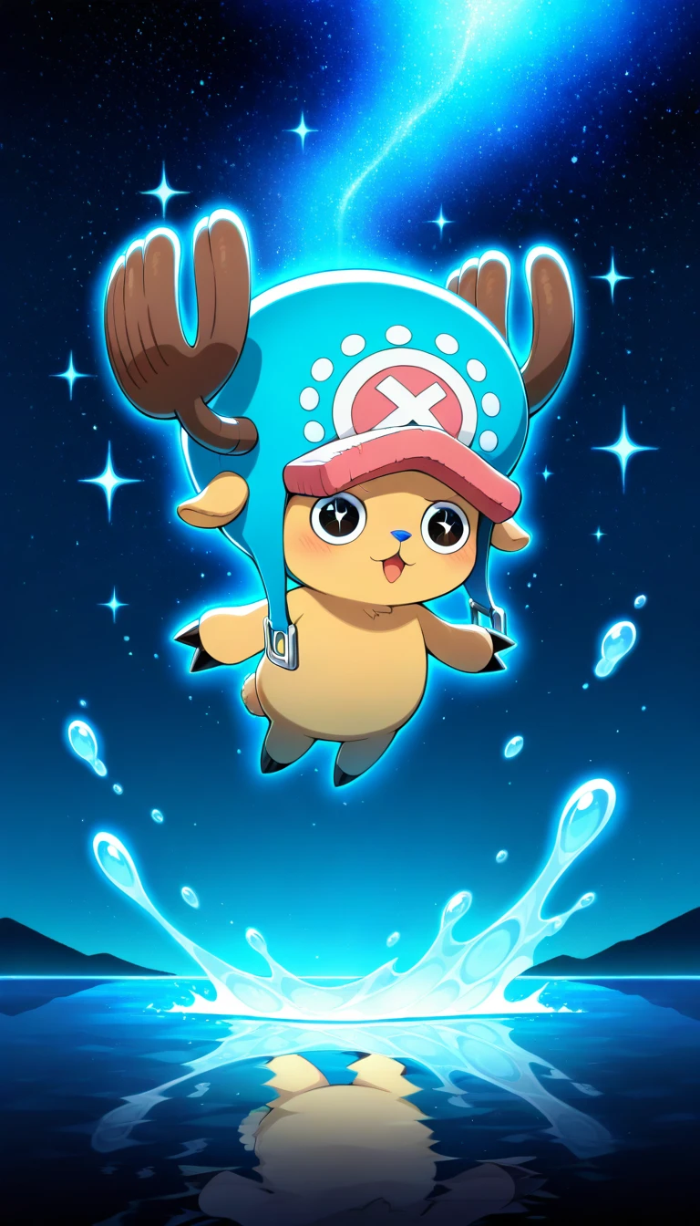 Anime wallpaper for prompt: Chibi Chopper floating in a bubble, amazed by the glowing ocean.