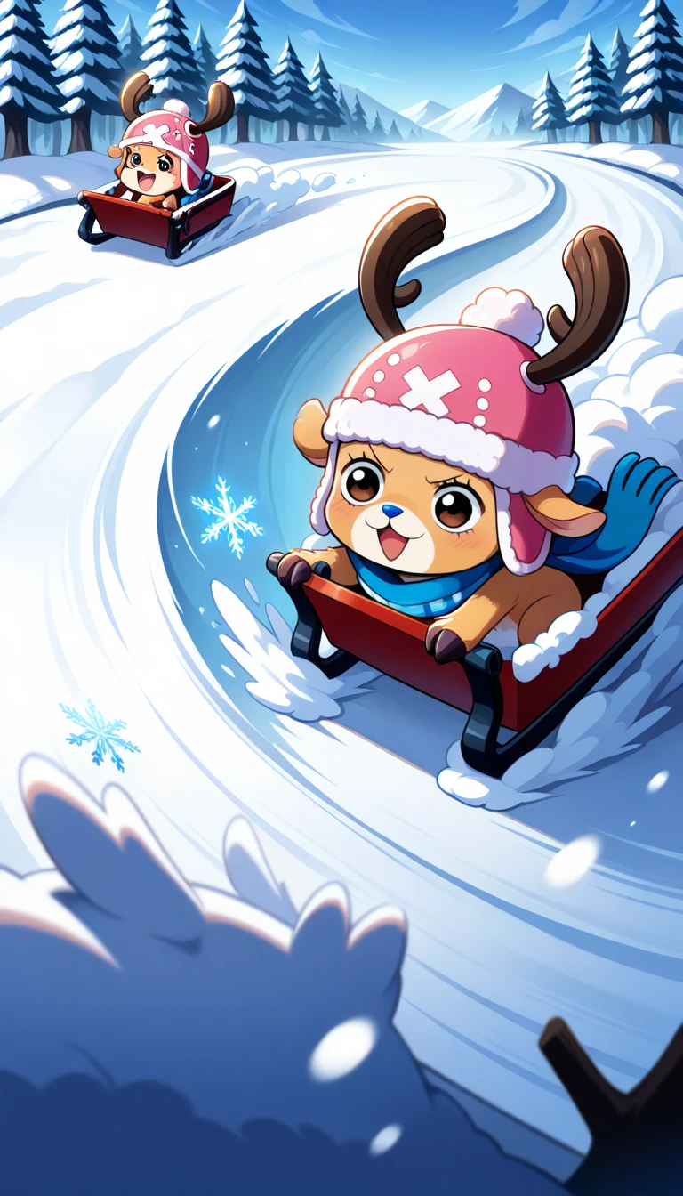 Anime wallpaper for prompt: Chibi Chopper on a reindeer sled, speeding down a snowy hill.