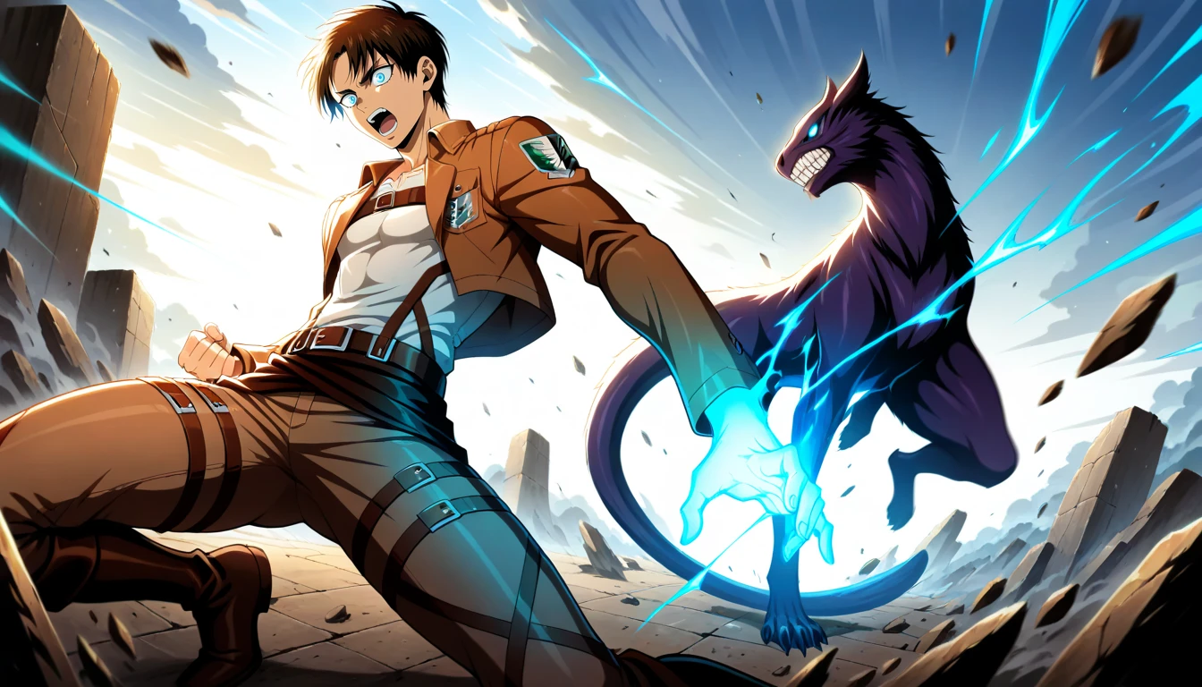 Anime wallpaper for prompt: Eren leaping toward an enemy, hand glowing with transformation energy.