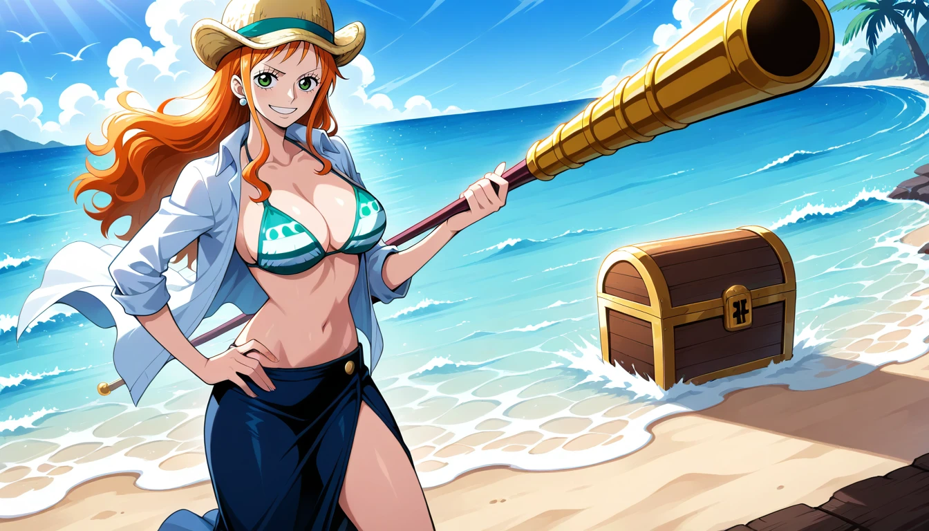 Anime wallpaper for prompt: Nami atop a treasure chest on a deserted island, confident as waves crash.