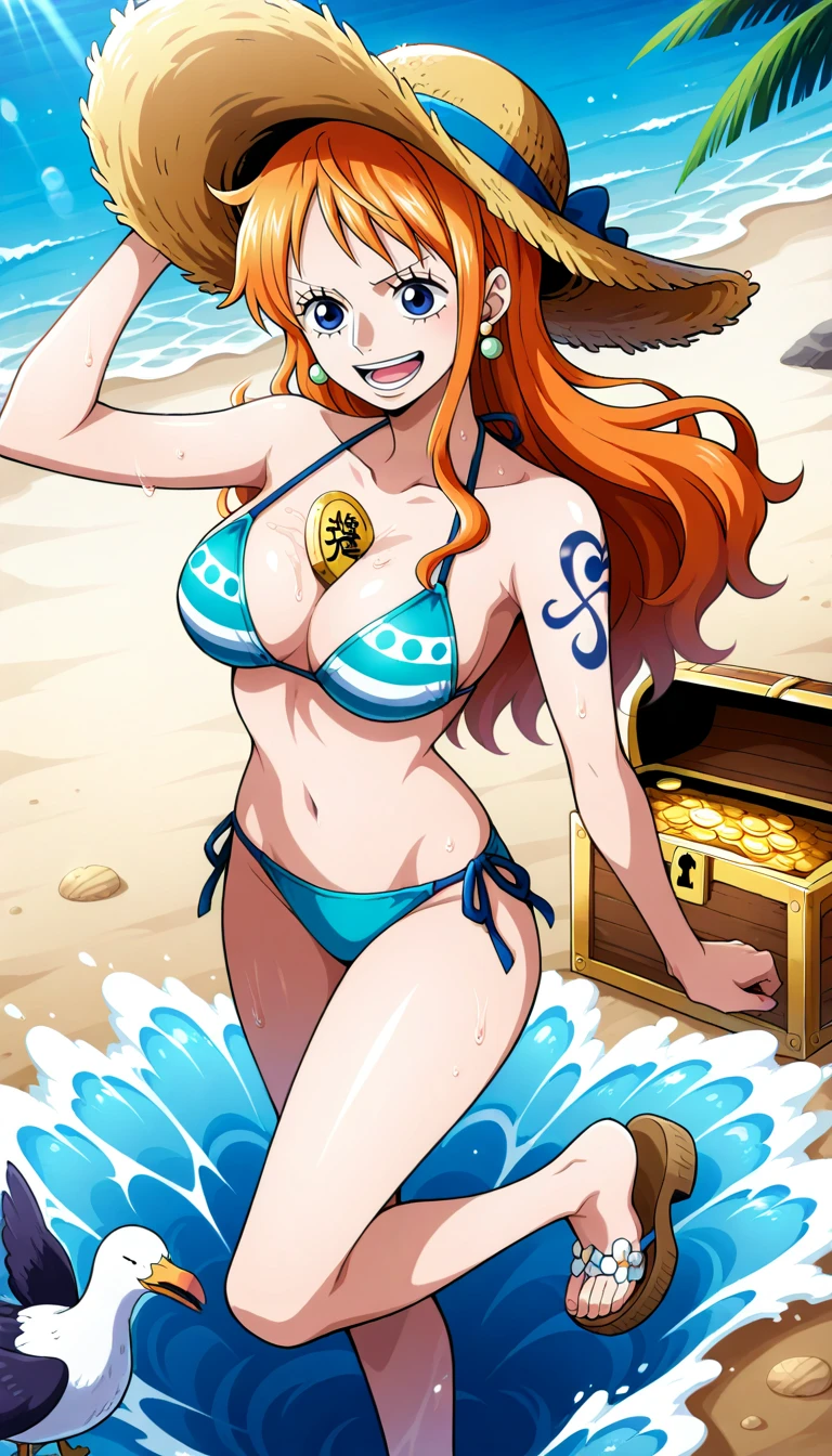 Anime wallpaper for prompt: Nami atop a treasure chest on a deserted island, confident as waves crash.