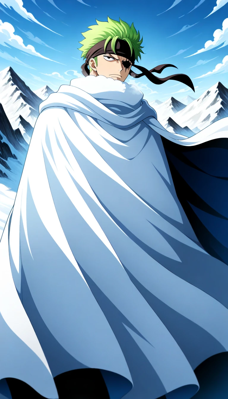 Anime wallpaper for prompt: Zoro on a snowy peak, cloak billowing, swords faintly glowing.
