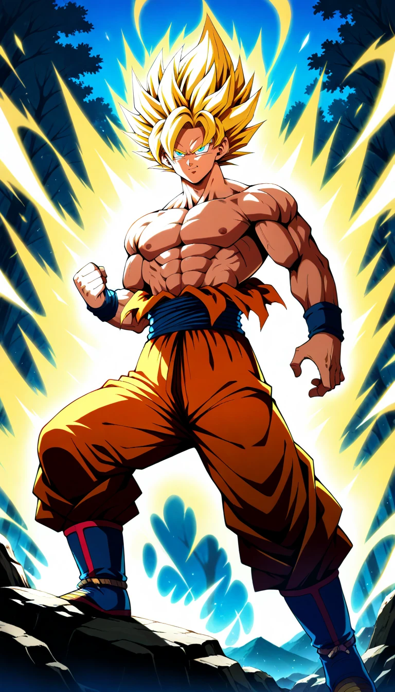 Anime wallpaper for prompt: Goku surrounded by golden energy in a glowing forest.