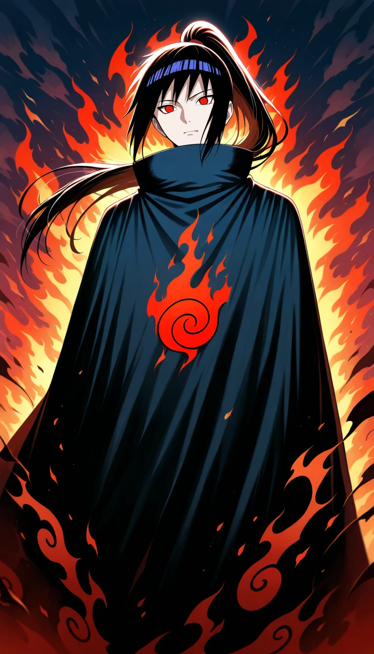 Anime wallpaper for prompt: Itachi in a volcanic field, black flames swirling around him.