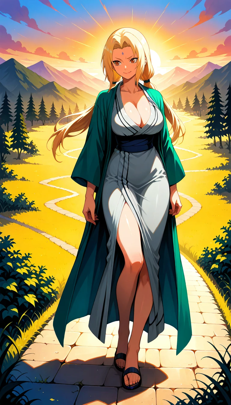 Anime wallpaper for prompt: Tsunade walking through a mountain village, robe glowing in sunset hues.