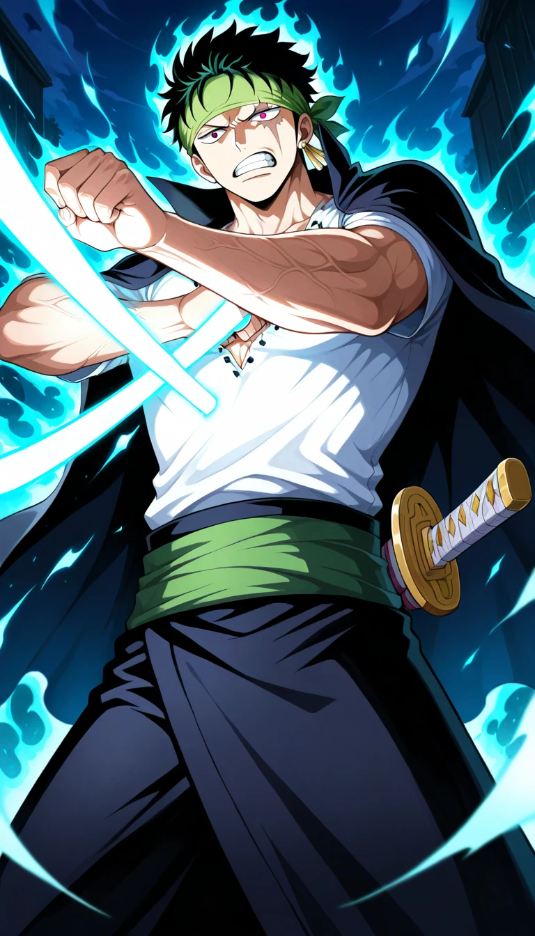 Anime wallpaper for prompt: Zoro standing in a dark battlefield, swords glowing with energy.