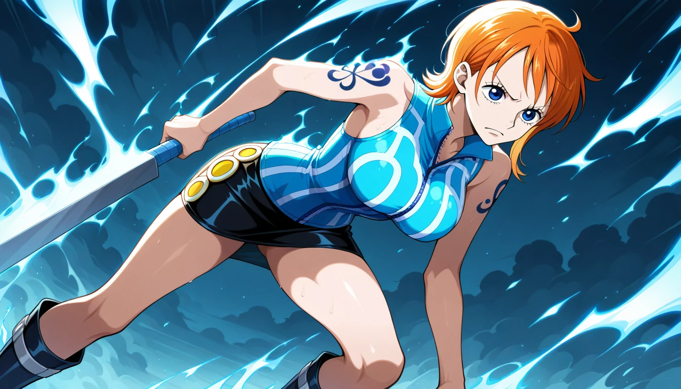 Anime wallpaper for prompt: Nami using weather techniques, lightning crackling from her Clima-Tact.