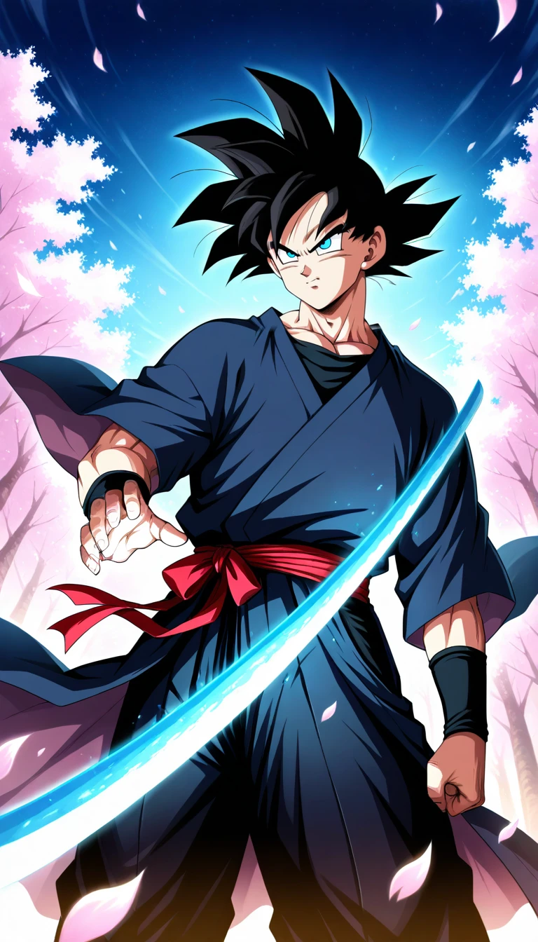 Anime wallpaper for prompt: Goku as a samurai, katana glowing in a cherry blossom forest.