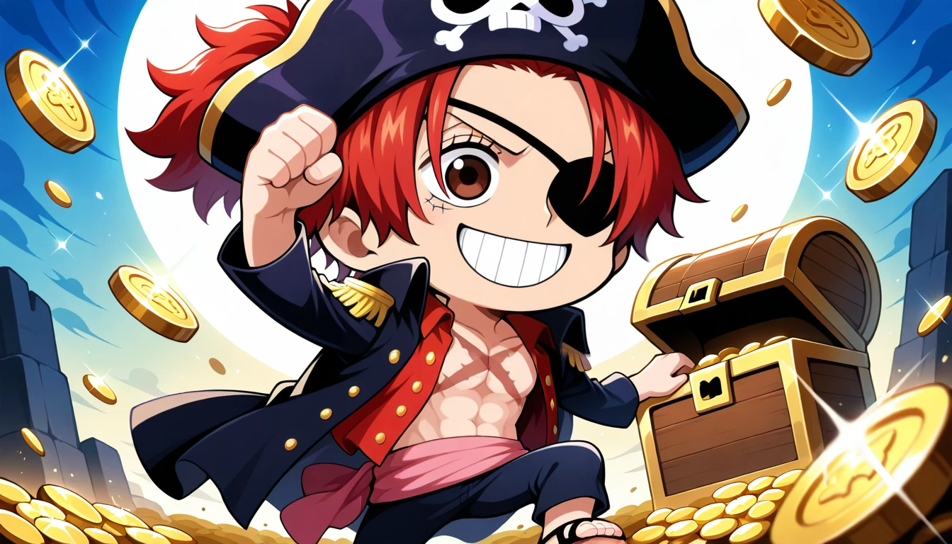 Anime wallpaper for prompt: Chibi Shanks on a treasure chest with glowing coins and a parrot.