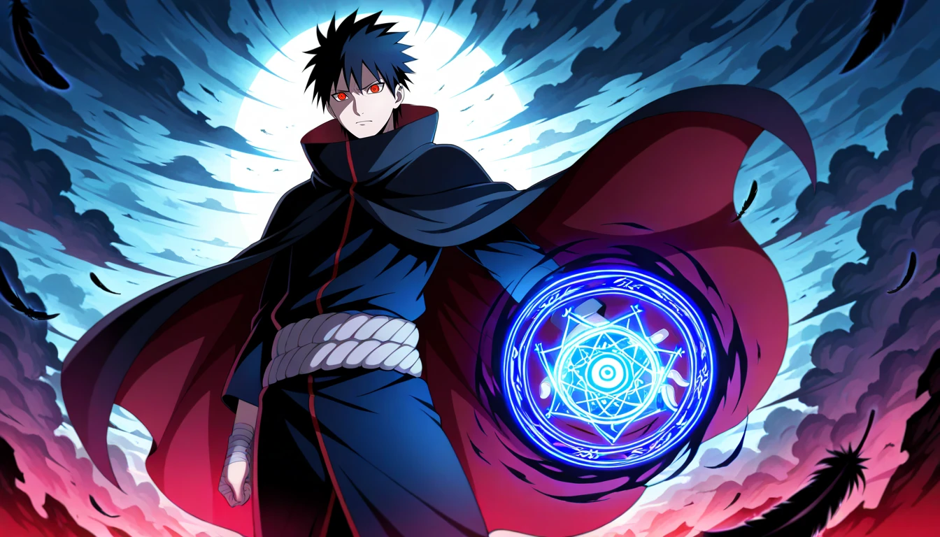 Anime wallpaper for prompt: Itachi weaving jutsu signs, black crows swirling in the air.