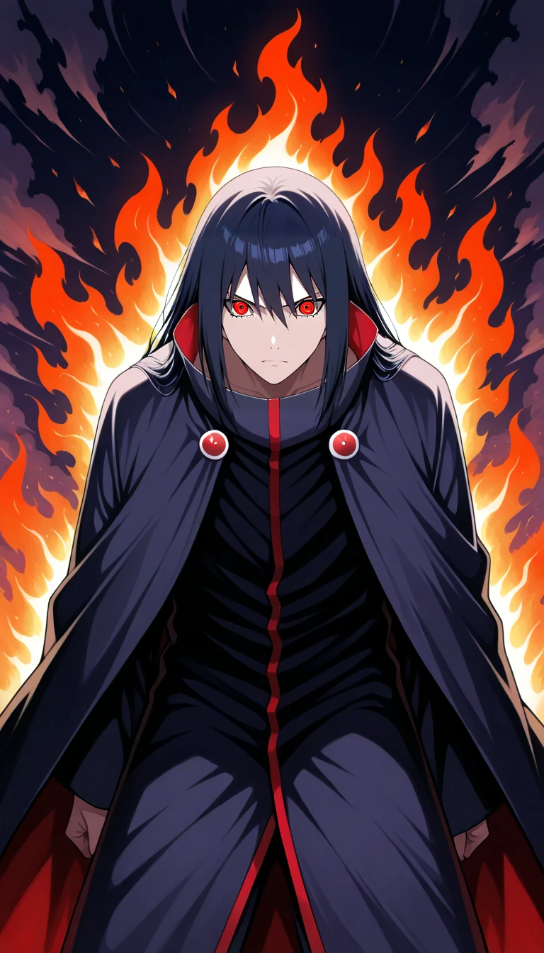 Anime wallpaper for prompt: Itachi using Amaterasu, black flames erupting from his hands.