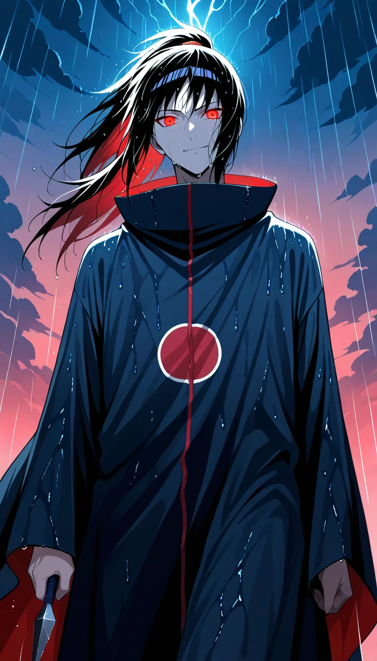 Anime wallpaper for prompt: Itachi with a kunai in the rain, calm and intense in faint lightning.