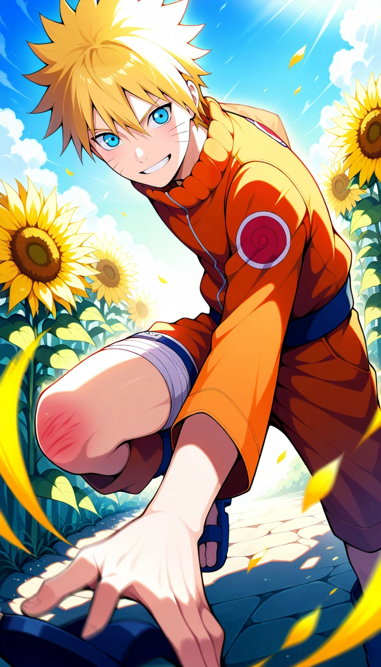 Anime wallpaper for prompt: Naruto running through a sunflower field, sunlight casting shadows.