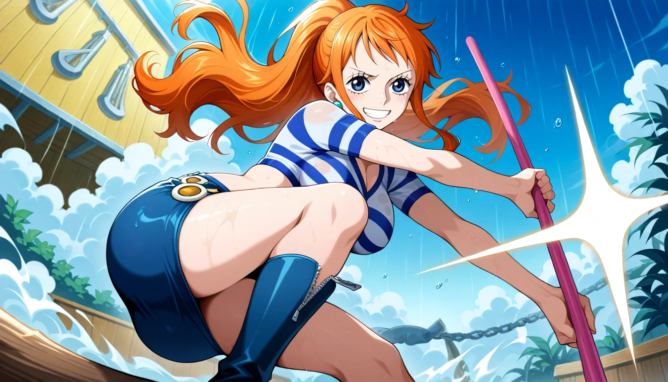 Anime wallpaper for prompt: Chibi Nami swinging Clima-Tact, creating a playful raincloud.