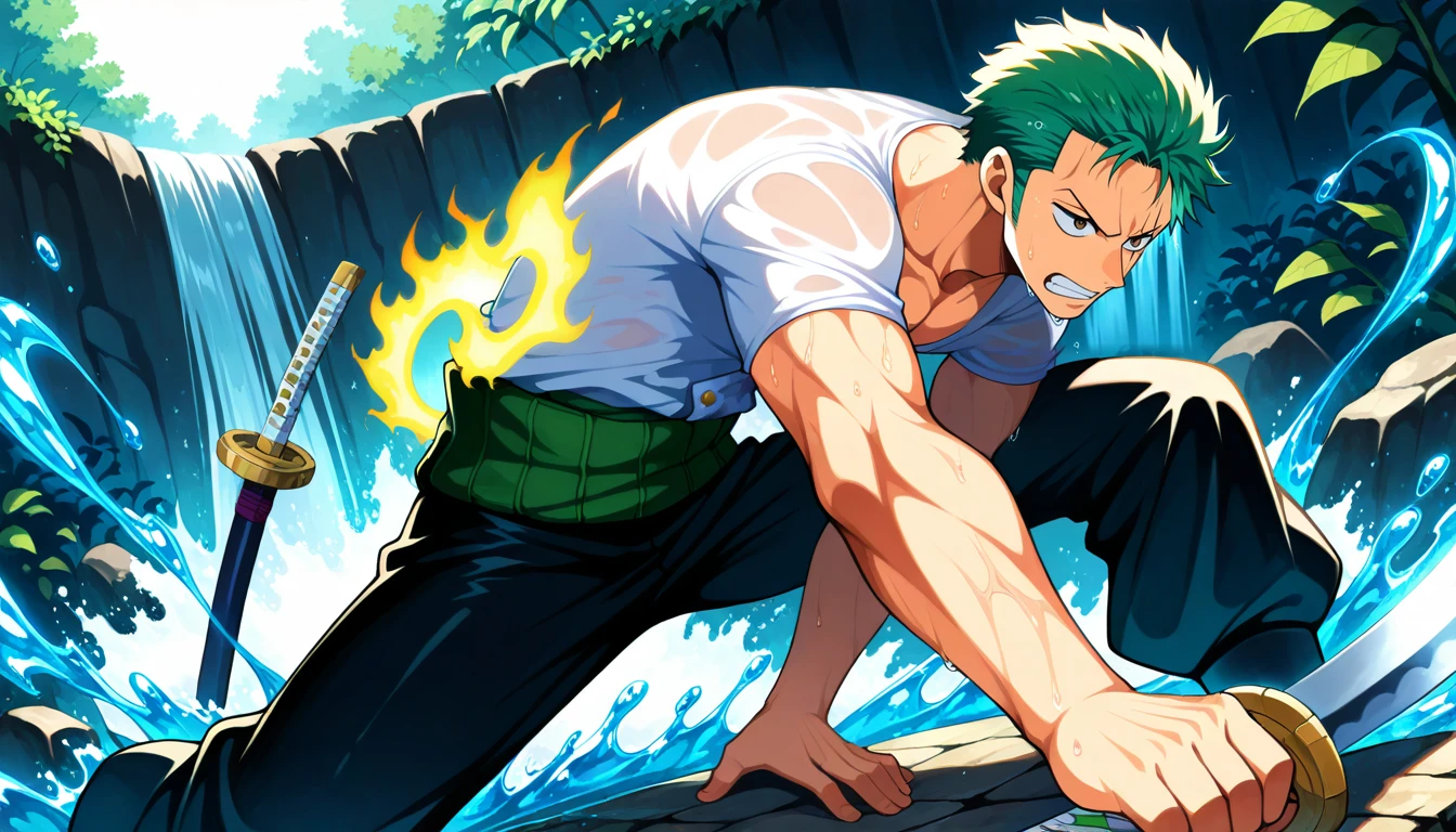 Anime wallpaper for prompt: Zoro training near a roaring waterfall, mist glowing in soft sunlight.