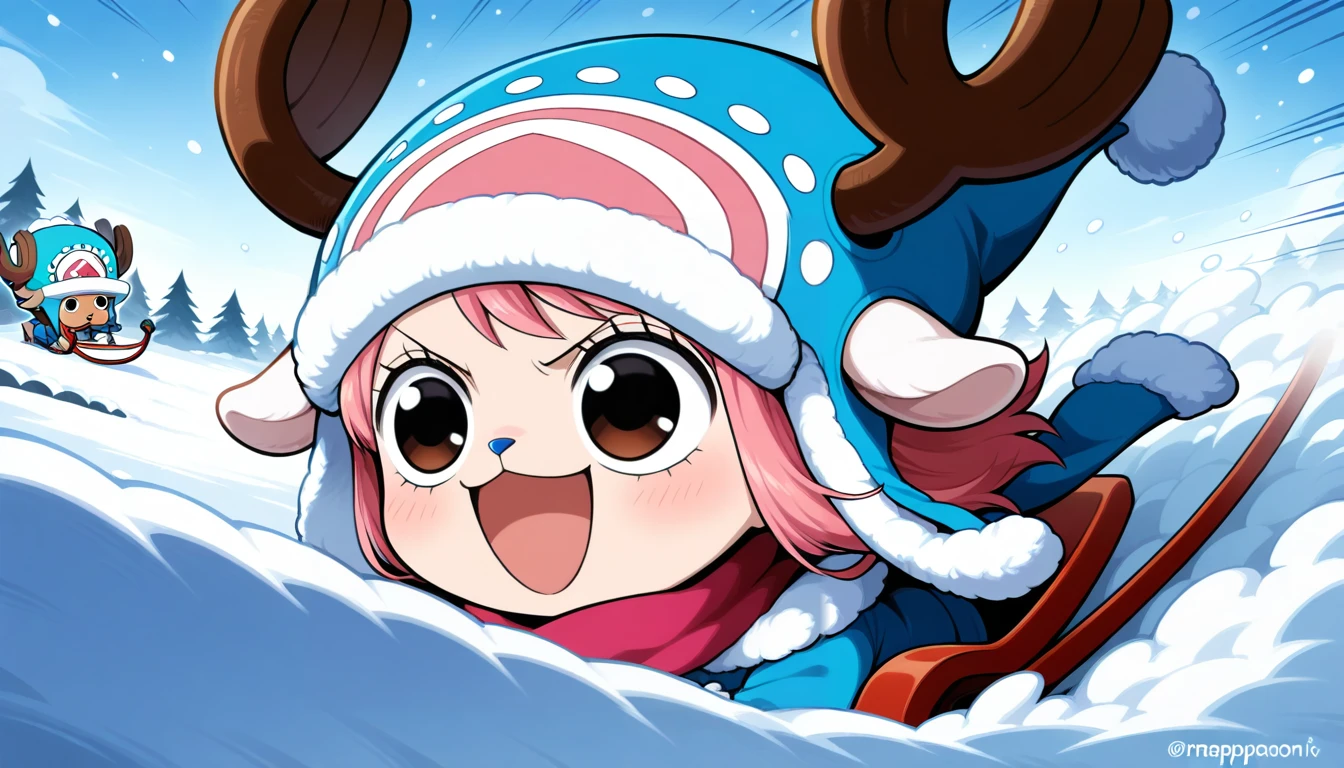 Anime wallpaper for prompt: Chibi Chopper on a reindeer sled, speeding down a snowy hill.