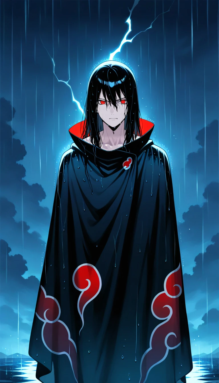 Anime wallpaper for prompt: Itachi with a kunai in the rain, calm and intense in faint lightning.