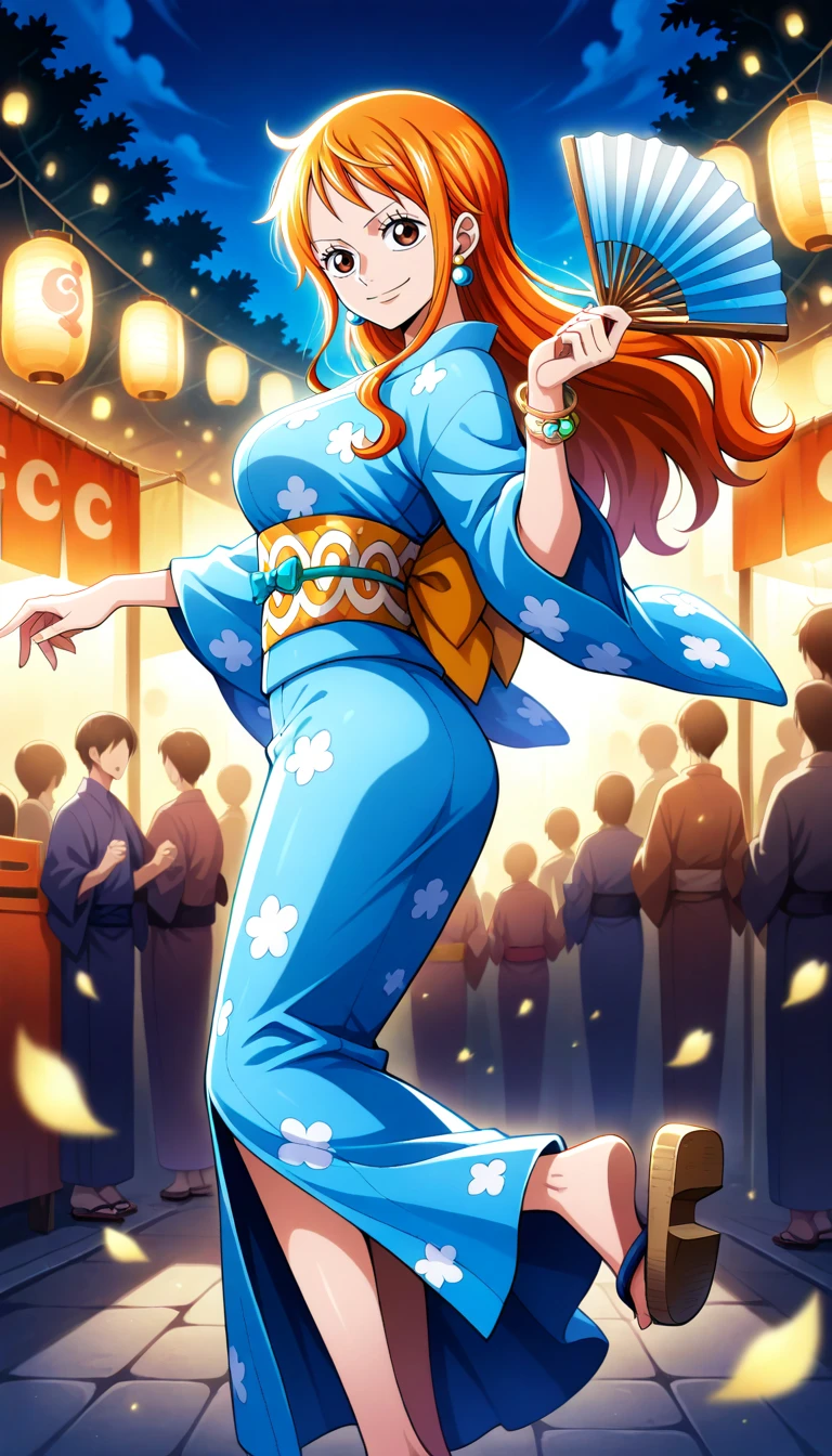Anime wallpaper for prompt: Nami dancing in a lively festival, surrounded by glowing lanterns.