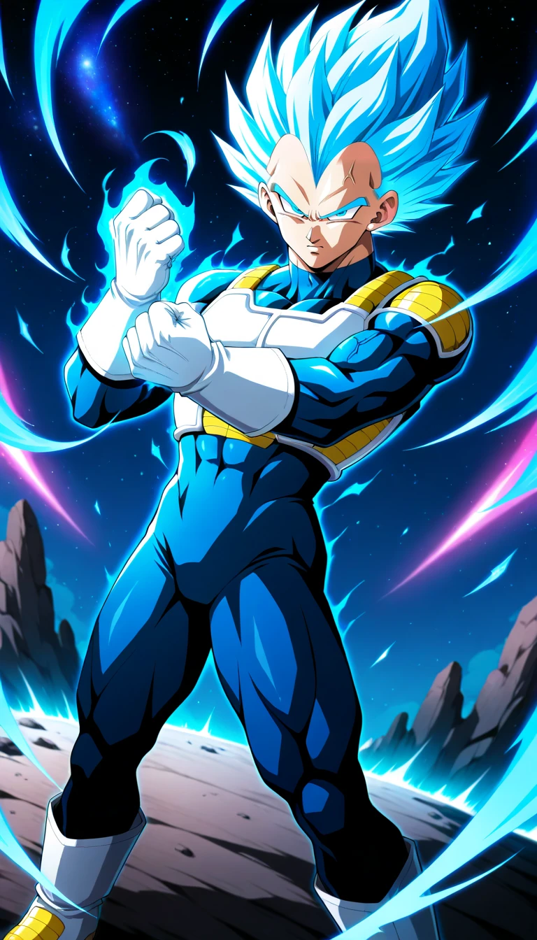 Anime wallpaper for prompt: Vegeta in Super Saiyan Blue surrounded by a cosmic aura in space.