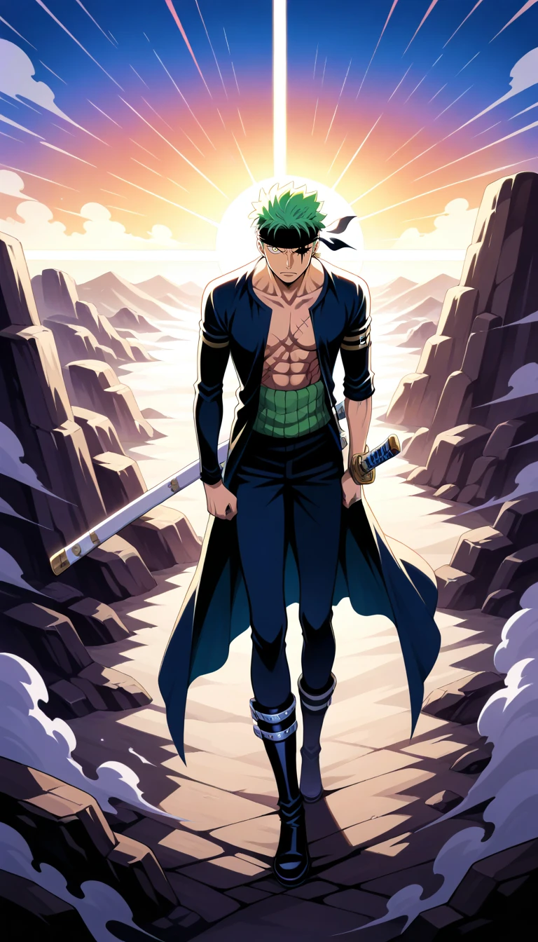 Anime wallpaper for prompt: Zoro walking through a desert canyon, glowing horizon behind him.
