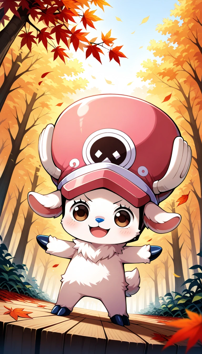 Anime wallpaper for prompt: Chibi Chopper in autumn leaves, antlers decorated with foliage.