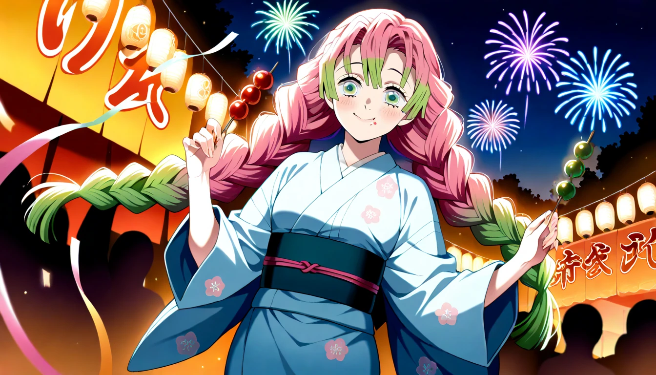 Anime wallpaper for prompt: Mitsuri at a festival with glowing lanterns and streamers.