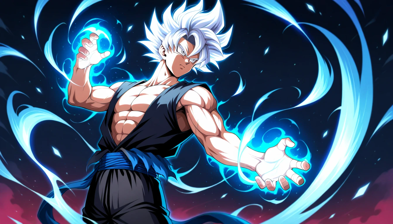 Anime wallpaper for prompt: Goku in Ultra Instinct form, aura radiating in a dark void.