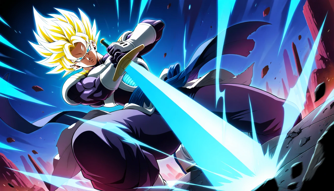 Anime wallpaper for prompt: Goku gripping his sword in a futuristic battlefield, glowing lights around.