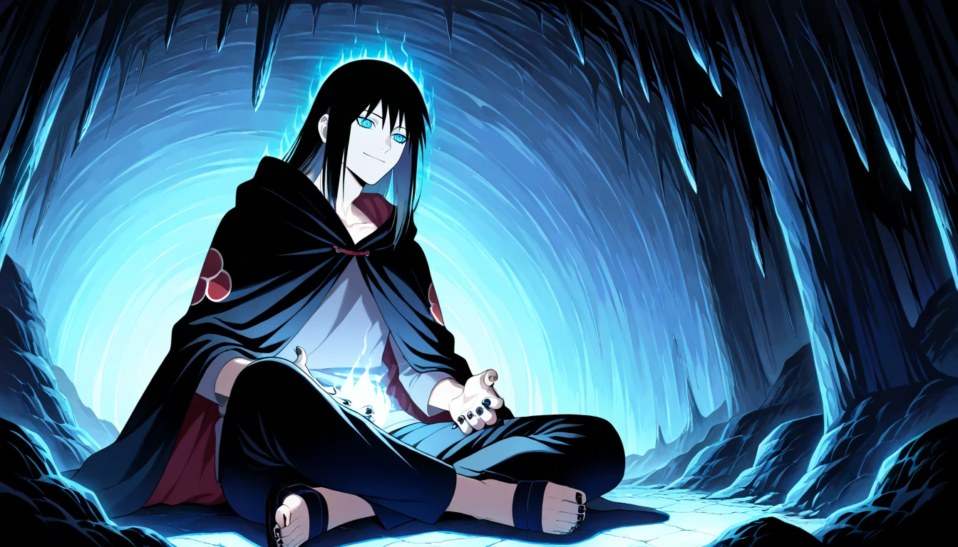 Anime wallpaper for prompt: Itachi meditating in a glowing cave with mysterious symbols.