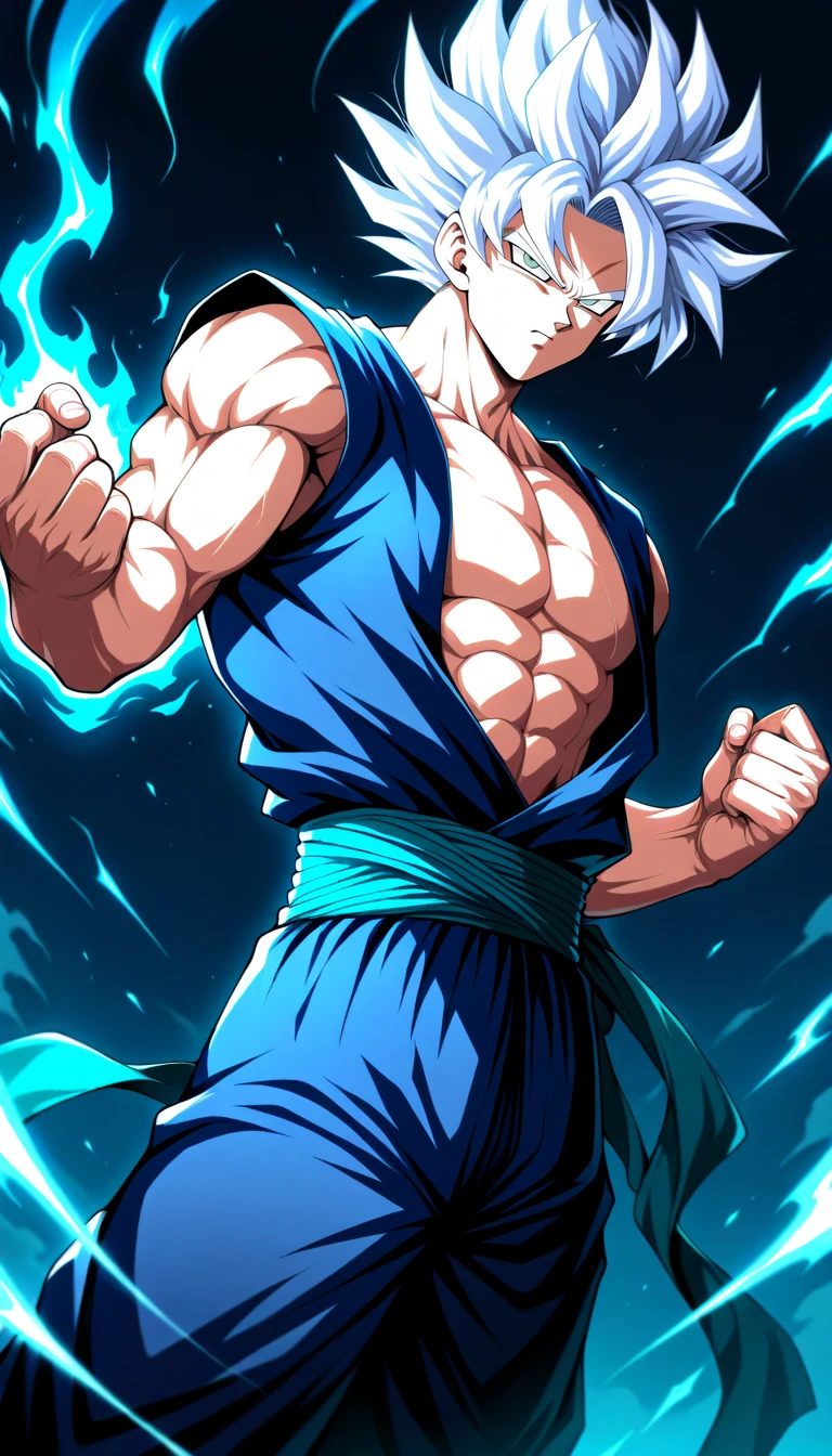 Anime wallpaper for prompt: Goku in Ultra Instinct form, aura radiating in a dark void.