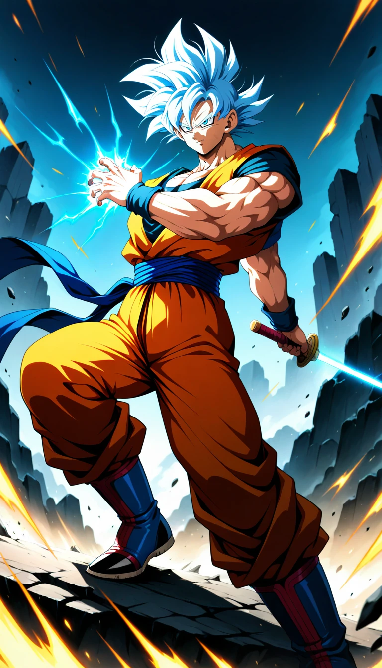 Anime wallpaper for prompt: Goku gripping his sword in a futuristic battlefield, glowing lights around.