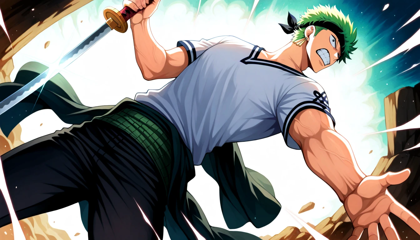 Anime wallpaper for prompt: Zoro gripping a katana with his teeth, eyes locked on an unseen enemy.