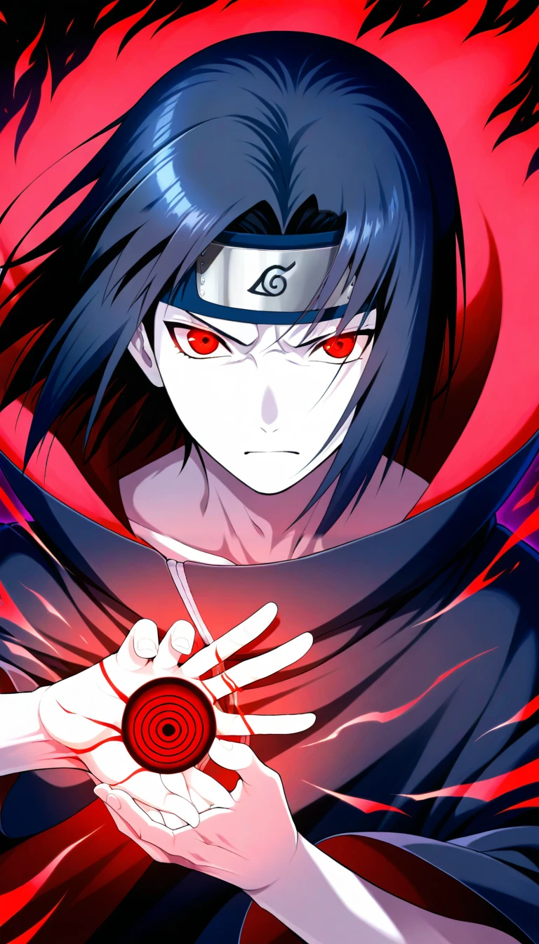Anime wallpaper for prompt: Itachi weaving jutsu signs, black crows swirling in the air.
