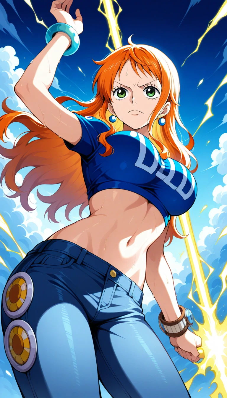 Anime wallpaper for prompt: Nami using weather techniques, lightning crackling from her Clima-Tact.