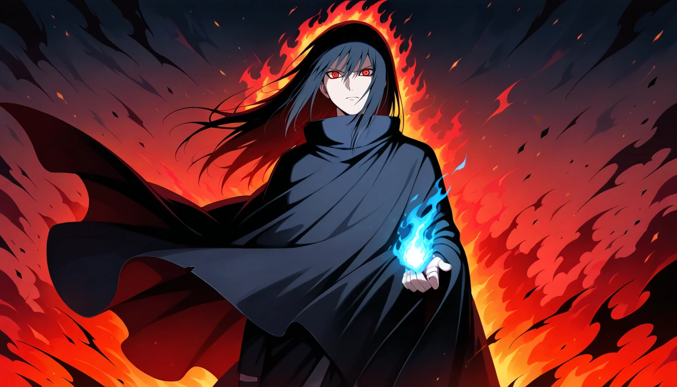 Anime wallpaper for prompt: Itachi on a desolate battlefield, black flames scattered across the ground.