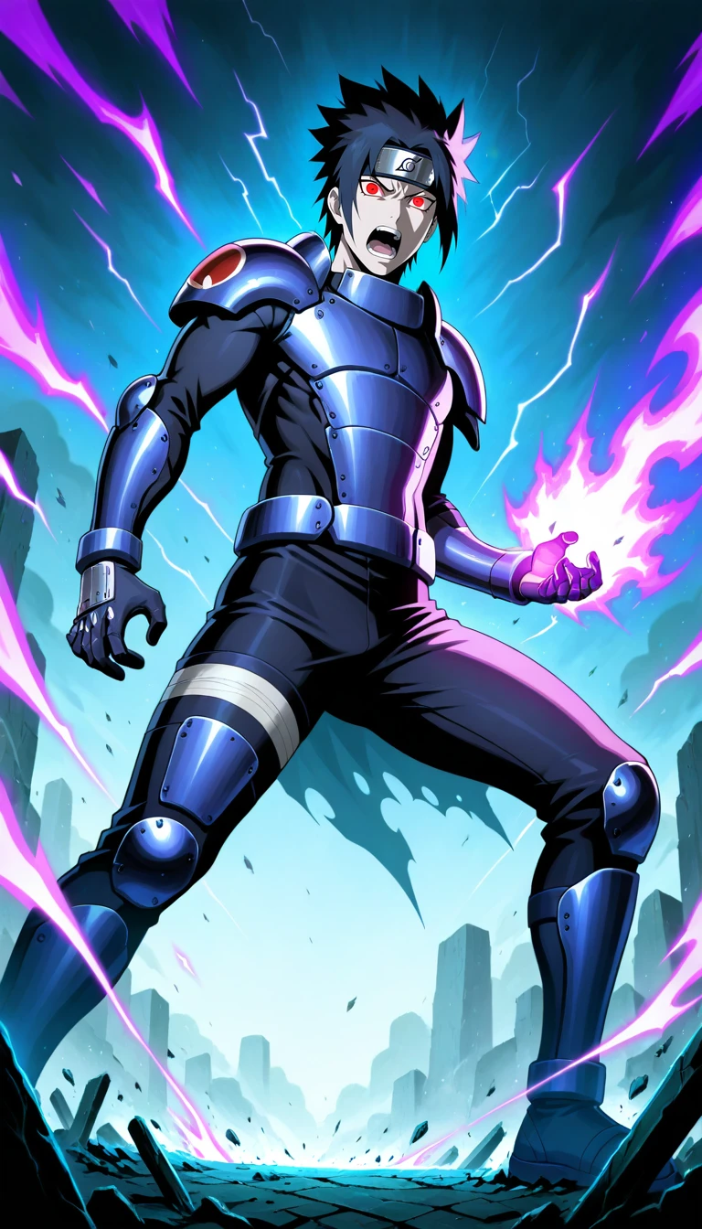 Anime wallpaper for prompt: Sasuke performing Susanoo attack, spectral warrior towering above him.