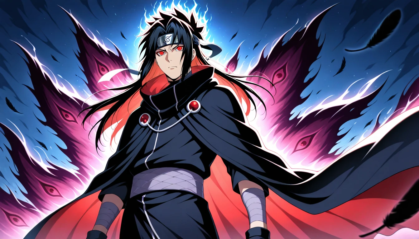 Anime wallpaper for prompt: Itachi weaving jutsu signs, black crows swirling in the air.