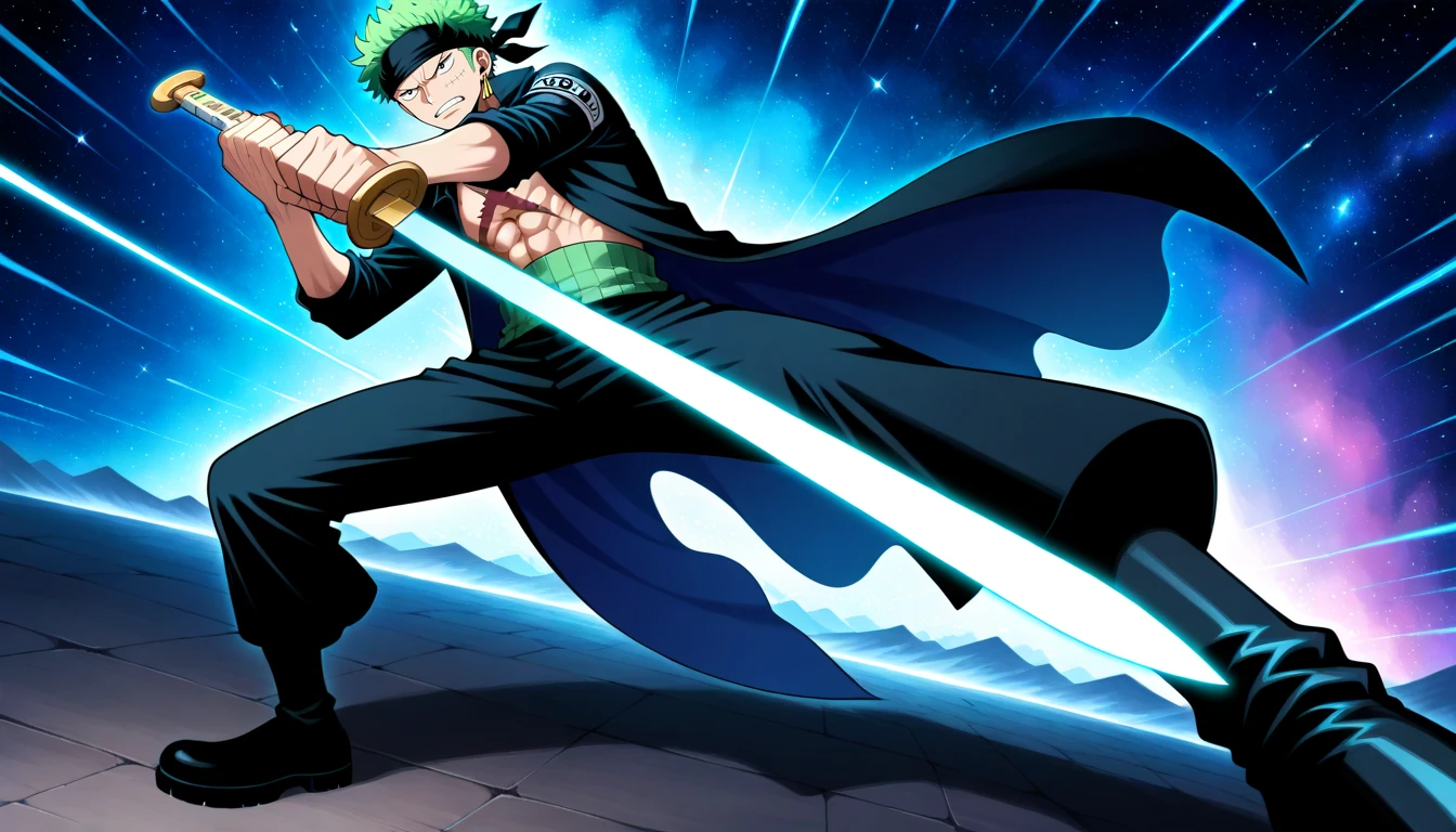Anime wallpaper for prompt: Zoro standing on a floating platform in space, holding glowing swords.