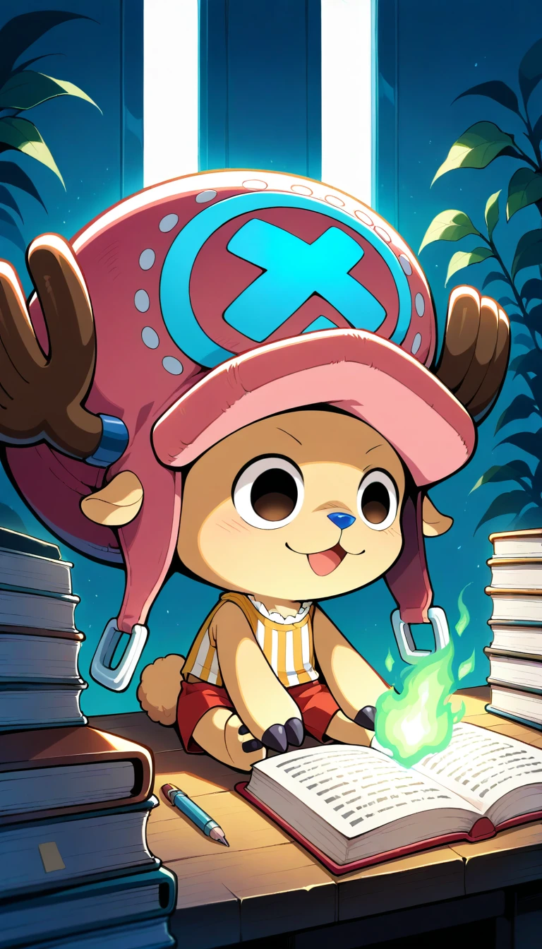 Anime wallpaper for prompt: Chibi Chopper studying a glowing herb atop medical books.