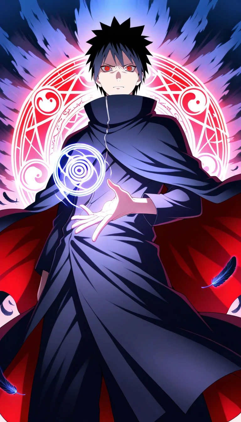 Anime wallpaper for prompt: Itachi weaving jutsu signs, black crows swirling in the air.