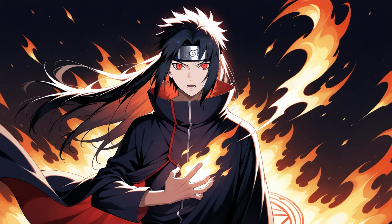 Anime wallpaper for prompt: Itachi performing fireball jutsu, flames illuminating the night.
