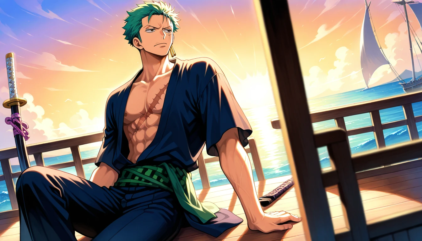 Anime wallpaper for prompt: Zoro sitting on Thousand Sunny's deck, three swords resting at sunset.