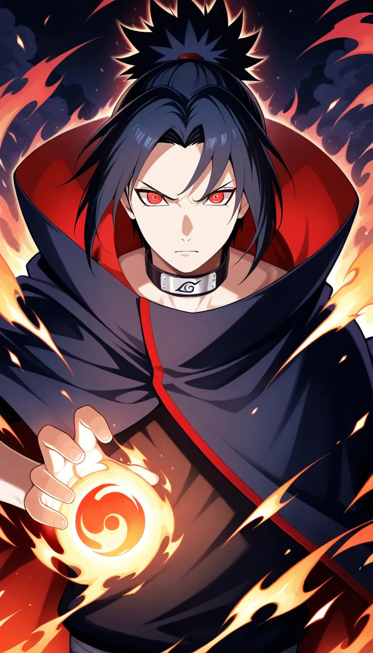 Anime wallpaper for prompt: Itachi performing fireball jutsu, flames illuminating the night.