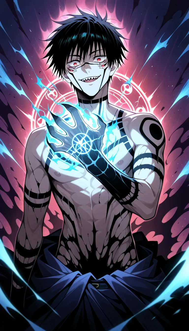 Anime wallpaper for prompt: Sukuna raising a clawed hand, summoning glowing cursed symbols.