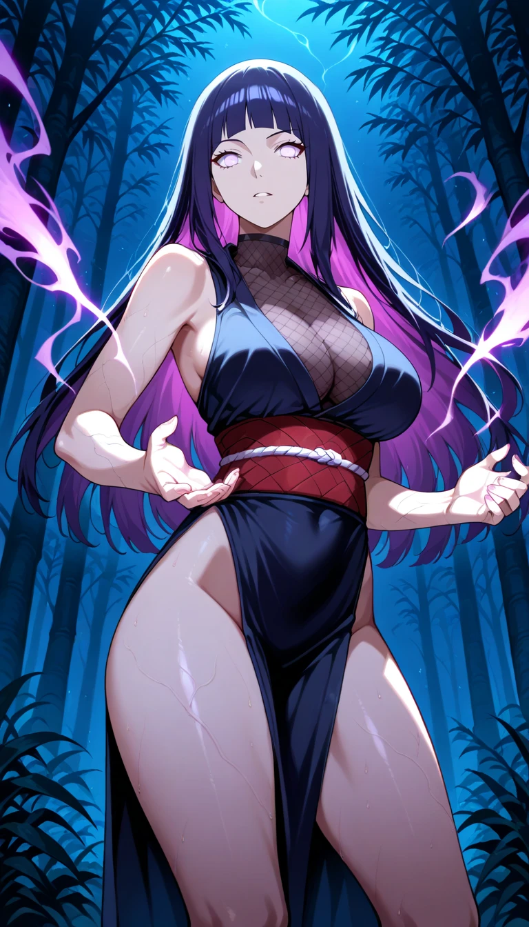 Anime wallpaper for prompt: Hinata in a glowing forest, Byakugan active, luminous plants surrounding her.