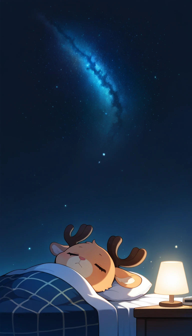 Anime wallpaper for prompt: Chibi Chopper sleeping in blankets, glowing lamp beside him.